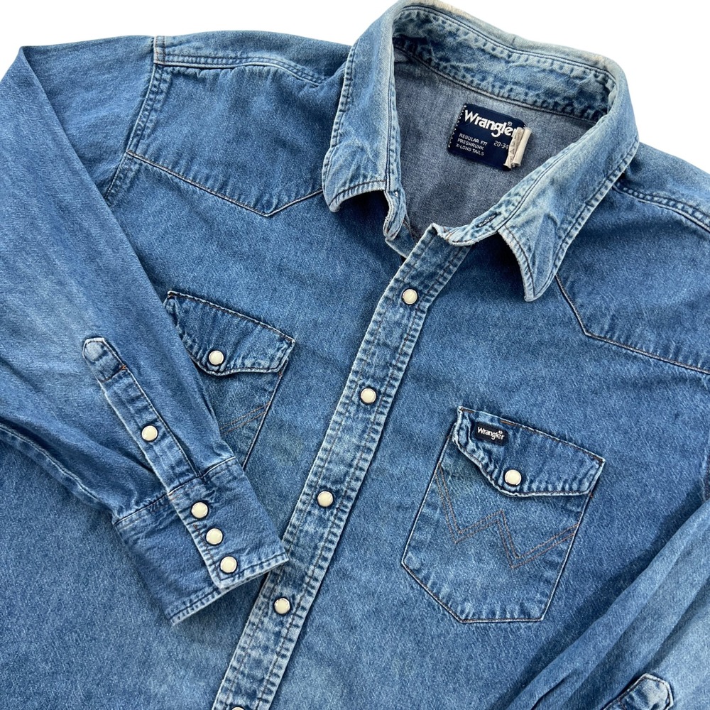 VTG 80s Wrangler Denim Western Shirt Men XXL 20-34 Blue Pearl Snap Cowboy Faded